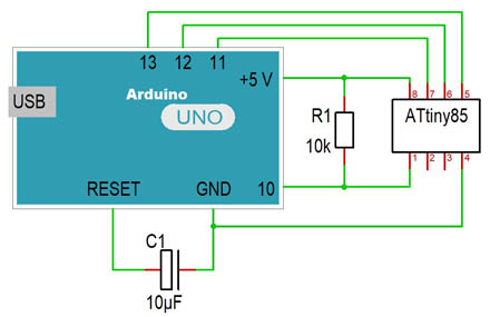 Schaltplan Anschluss ATtiny85 an Arduino